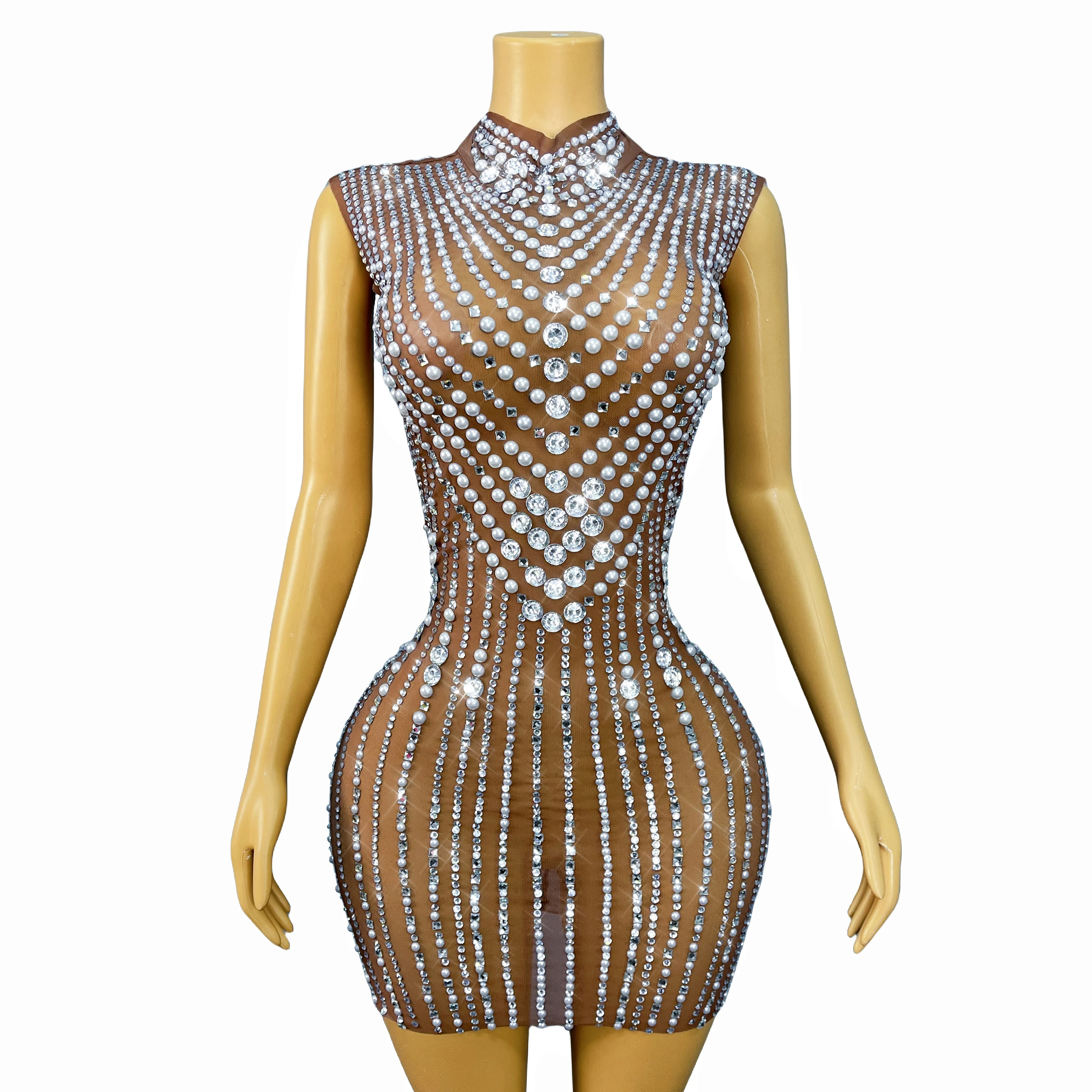 Nobleness Glänzende Perlen Strass Sexy Nude Mesh Trim fit Kleid Cocktail Party Abend Outfit Modenschau Kostüm Zhenzhuwang