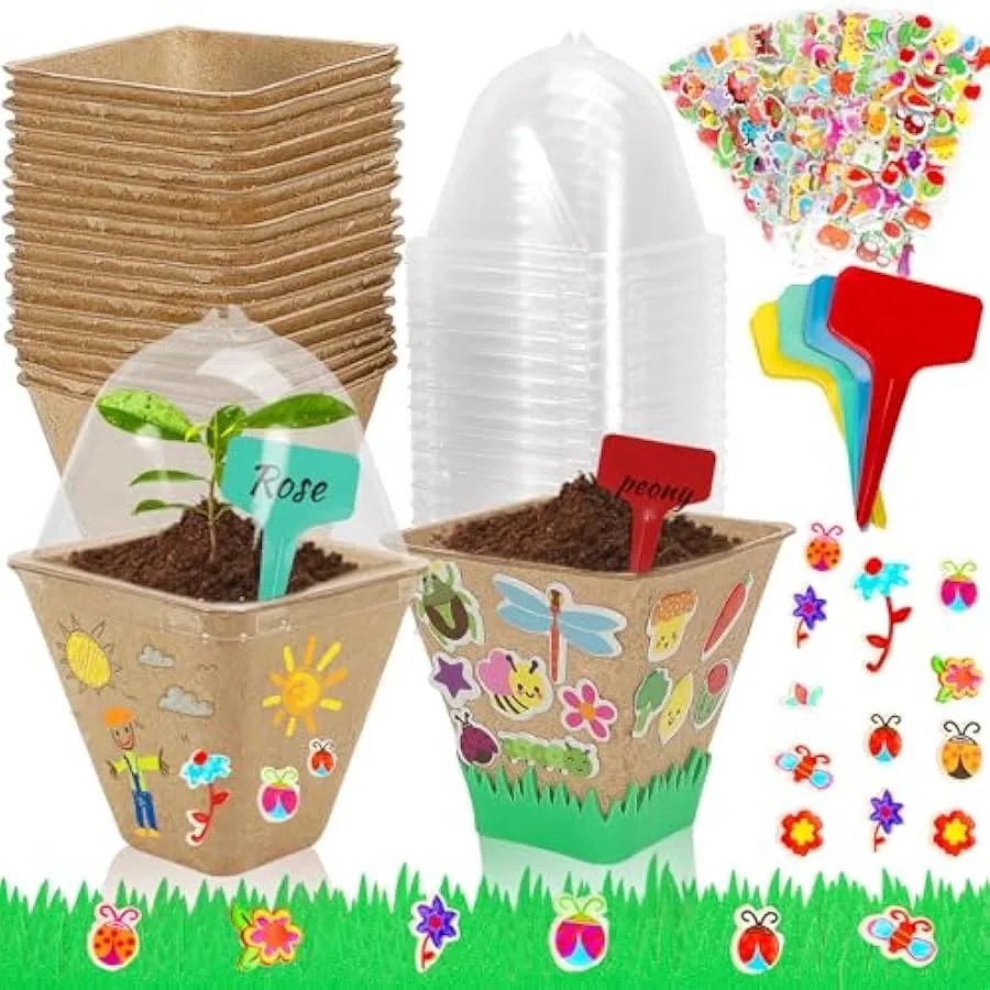 NNG 20 Set Spring Garden Paper Pot Craft Kit20PCS Paper Mache Pots Peat Plant Pots with Domes 200PCS Adhesive Foam Stickers and