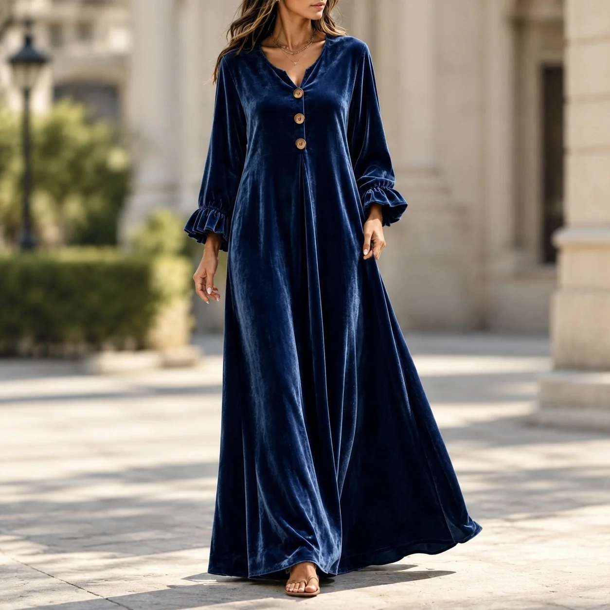 V Neck Loose Fit Dresses Elegant Style with Mid Waist a Line Skirt Long Sleeve Pleated Design Casual Wear Women Casual Dresses