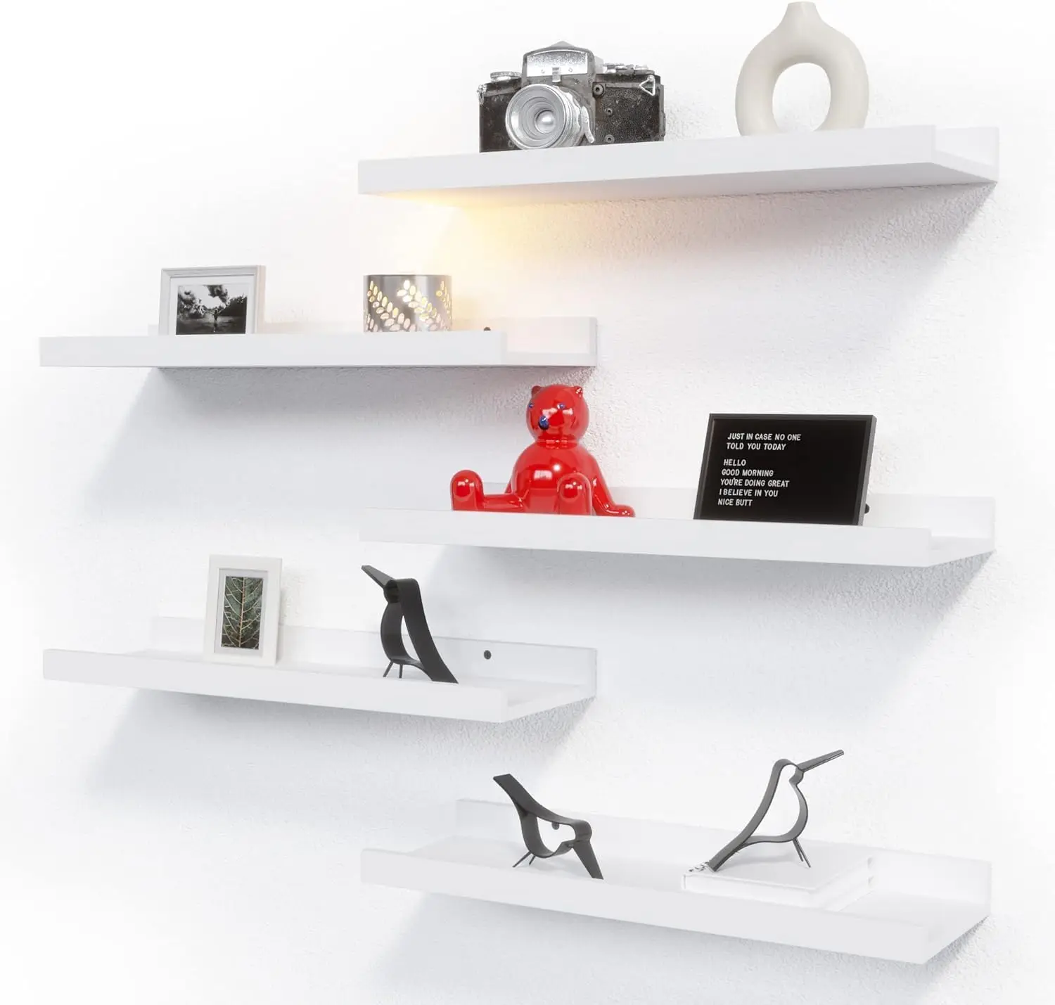 

5 Set White Floating Shelves, Wall Mounted Shelves for Wall Decor, Modern Picture Ledge Shelf with Lip for Storage Nurs