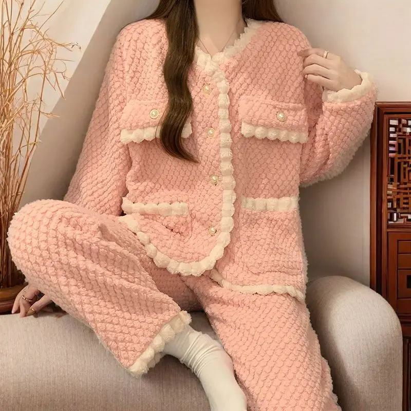 

Autumn Winter Women's Sweet Pajamas Homewear Set Keep Warm Girl Thicken Coral Fleece Round Neck Long Sleeves Female Homeclothes