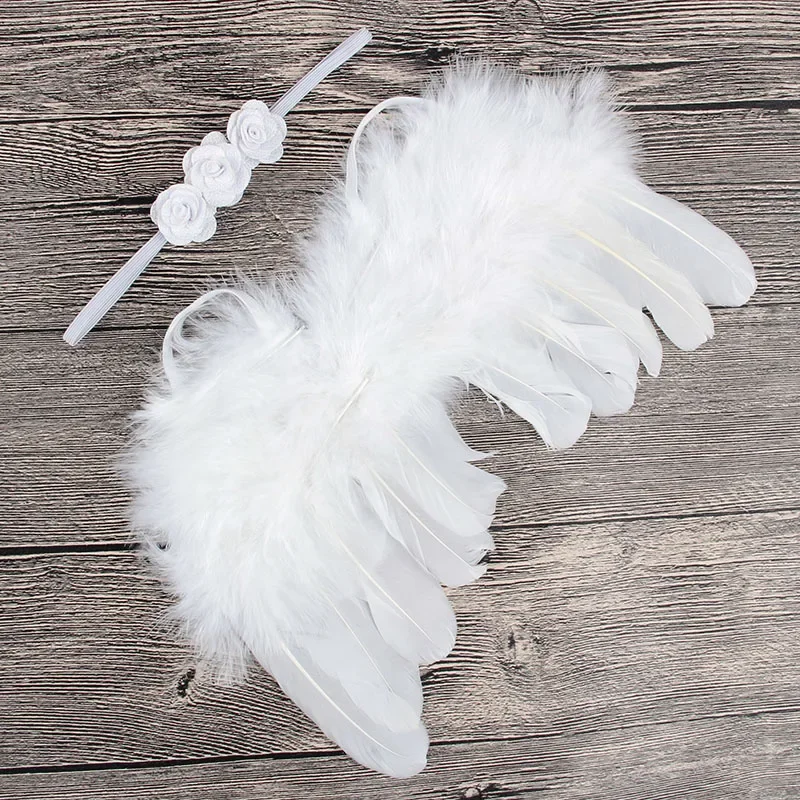 2pcs/set Newborn Angel Feather Wings with Baby Girl Rose Flower Headband Hair Accessories Infant Photography Props Gifts Set