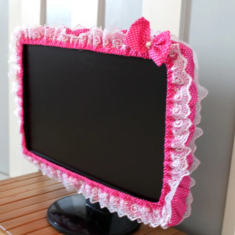 Lace Fabric Computer Frame Cover Monitor Screen Dust Cover With Elastic Pen Pocket Bow Home Decorations