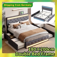 Comanlai 180 x 200 cm Double Bed Frame with LED Light and 4 Drawers,Upholstered Bed with Wooden Slatted Frame,Linen