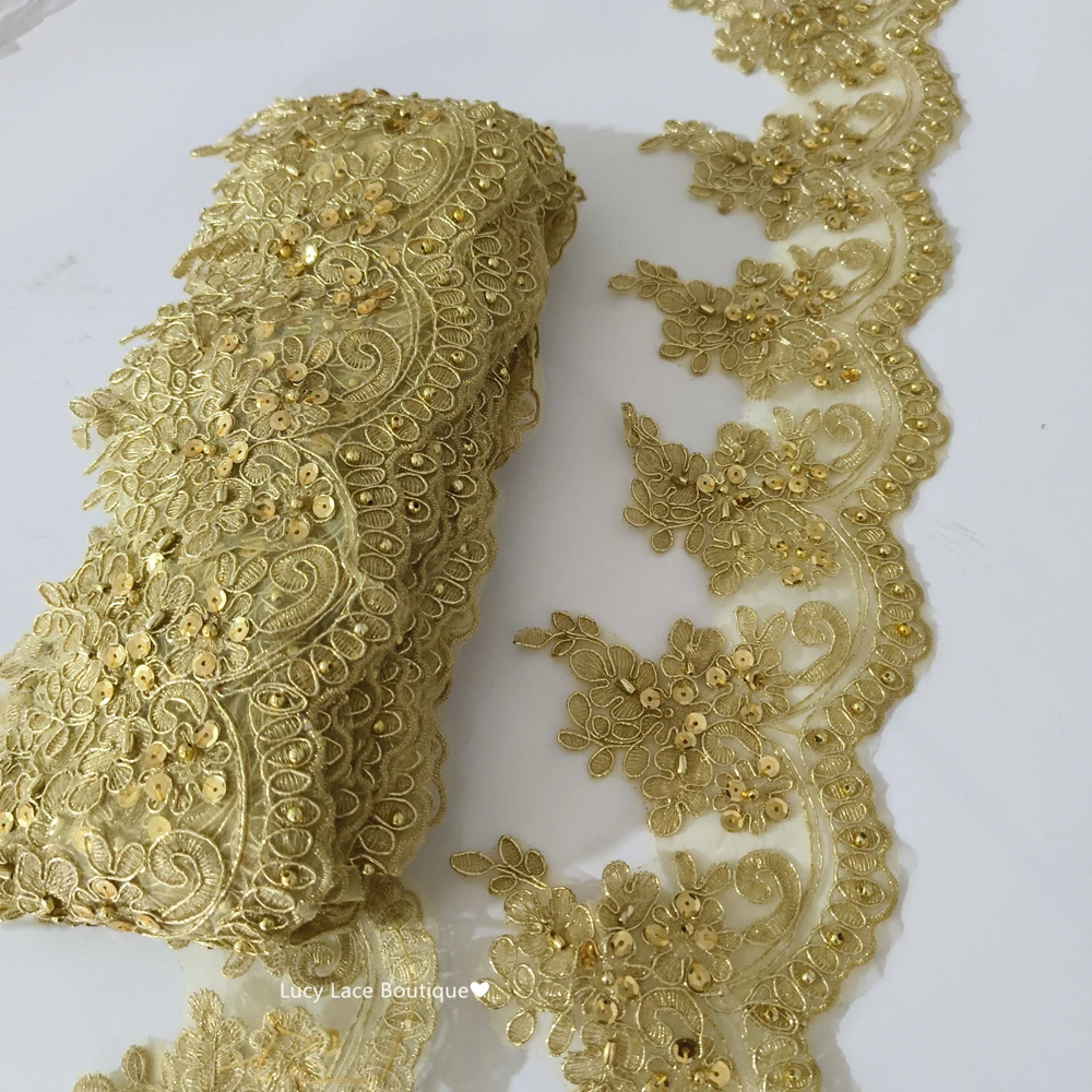 13CM Wide Uniform and Costume Gold Beading Lace Trim Embroidery Beaded Organza Trim Ribbon Lace 5 Yards,1 Yard