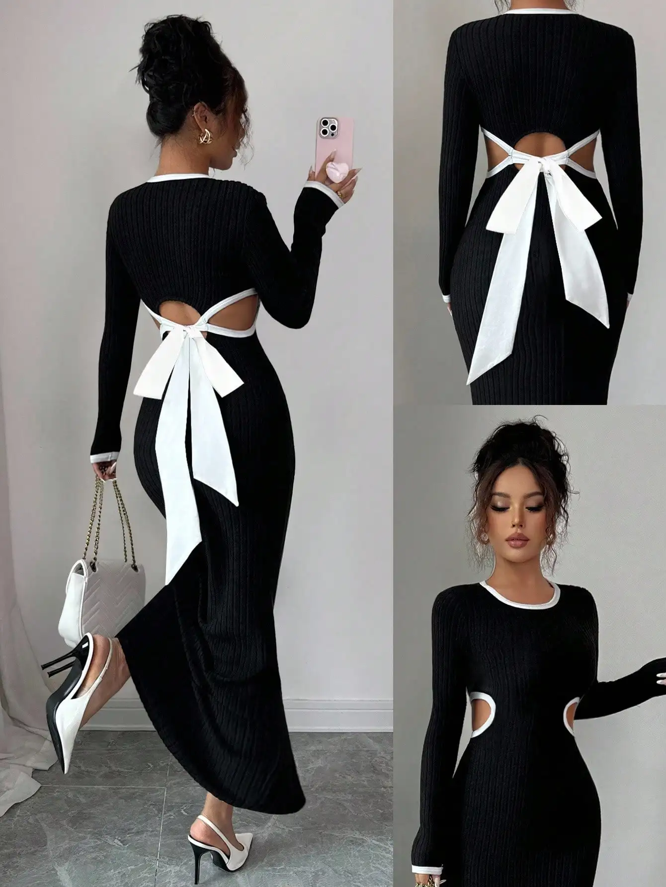 

Black Ribbed Knit Dress with White Bow Back Cutout and Side Slits