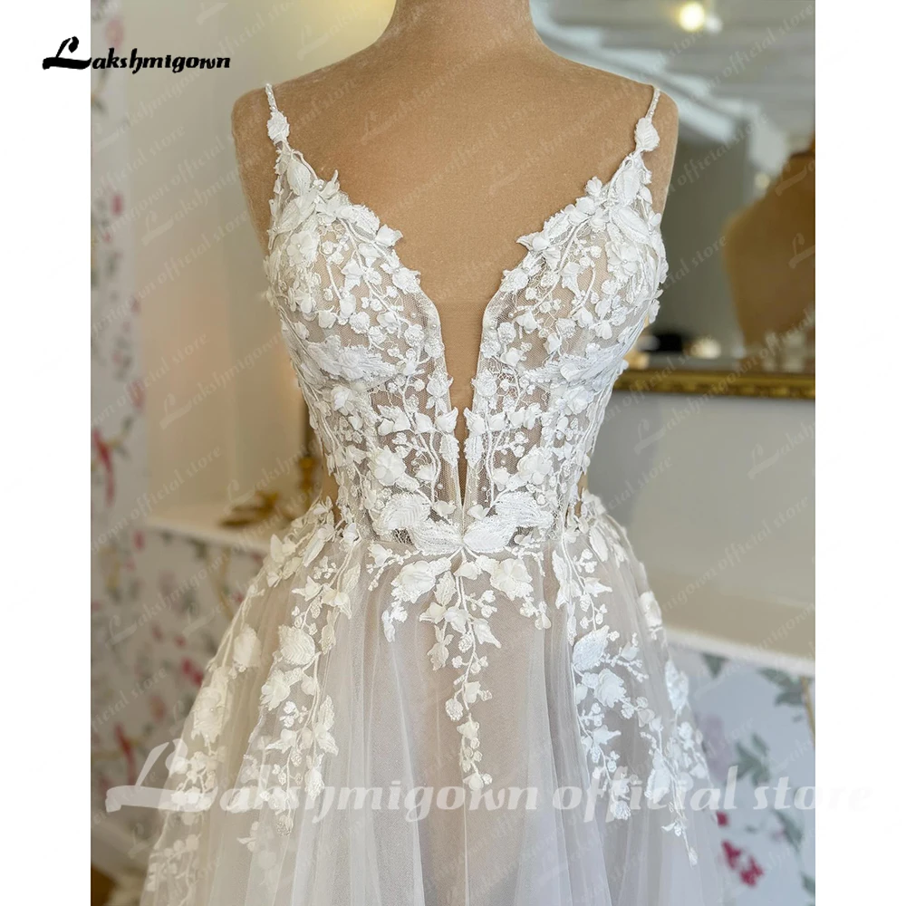 Lakshmigown فساتين زفاف عصرية للمرأة مخصصة دانتيل زينة السباغيتي الأشرطة الزفاف تول ألف خط Vestidos De Noiva