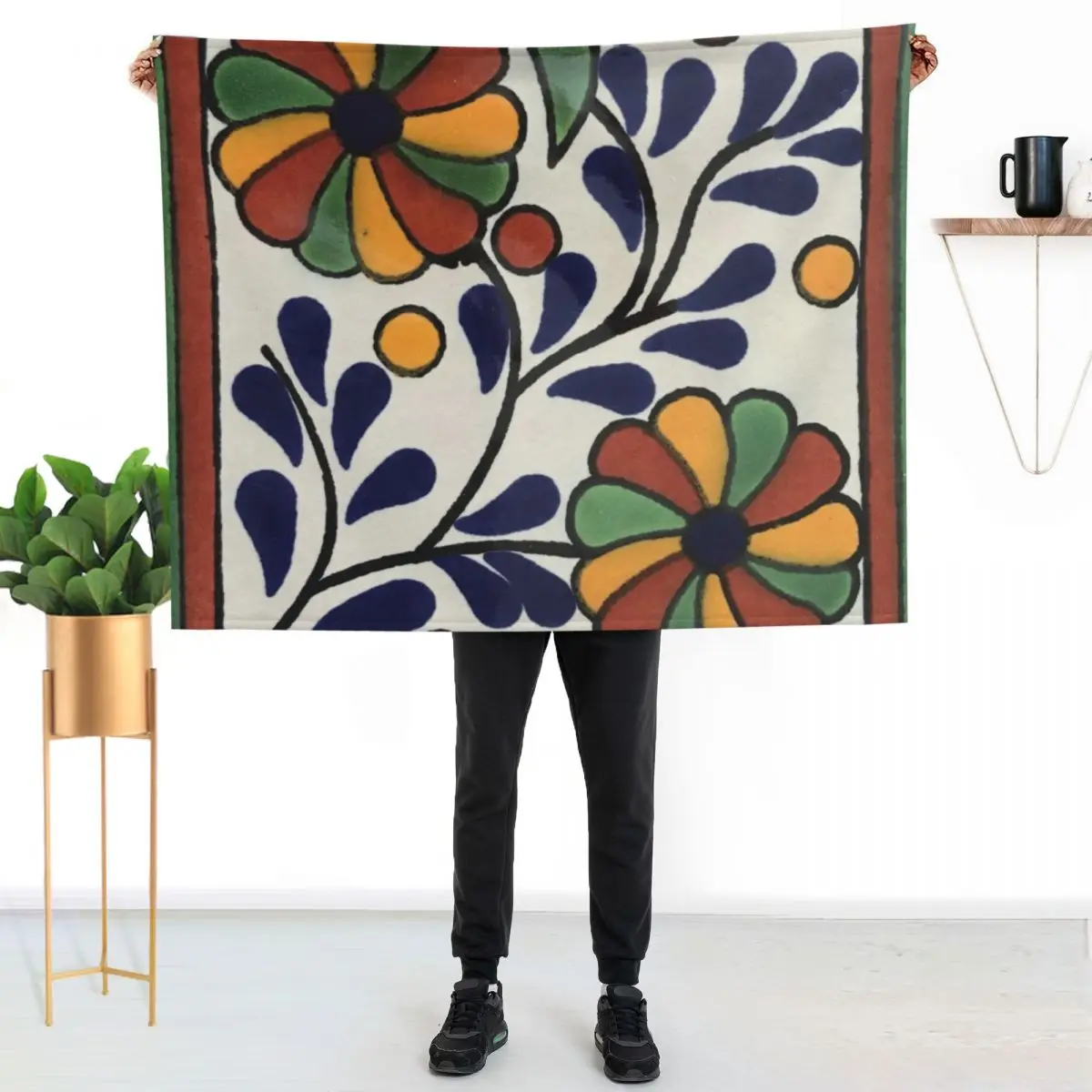 Glazed Talavera Floral on Ceramic Hand Painted Mexican Tile Throw Blanket manga Custom Flannel Blankets