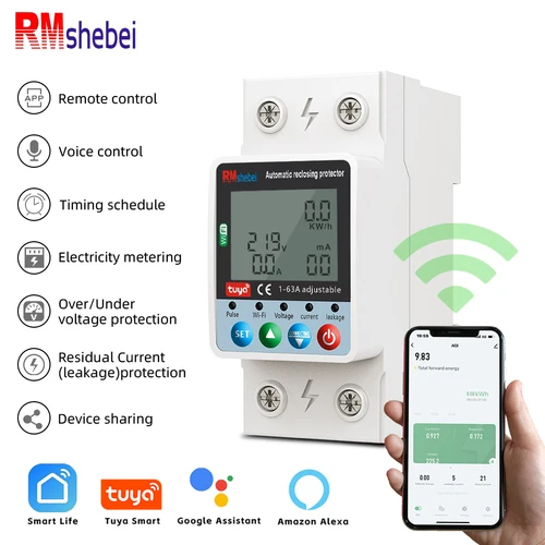 Imagen 1 del producto RMshebei Tuya Smart WiFi disyuntor 2P 63A con doble rotura sobretensión bajo voltaje protección contra fugas de sobrecarga