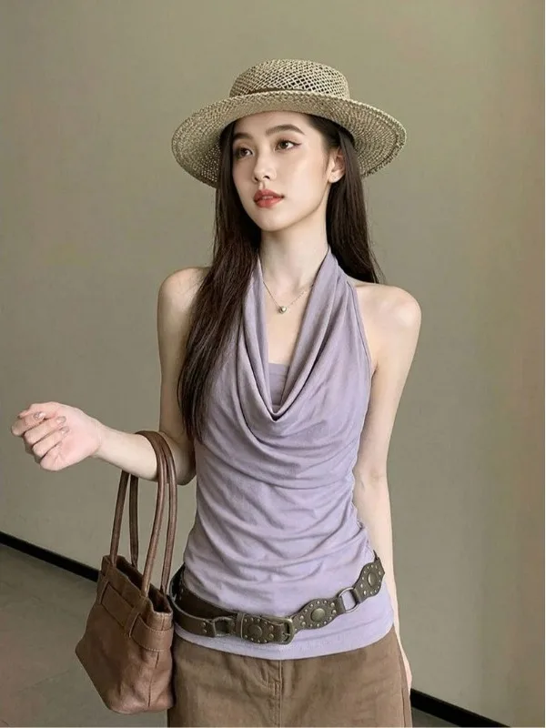 Chaleco sin mangas ajustado con tirantes y espalda descubierta para mujer, estilo coreano, elegante, color morado raíz de tar...