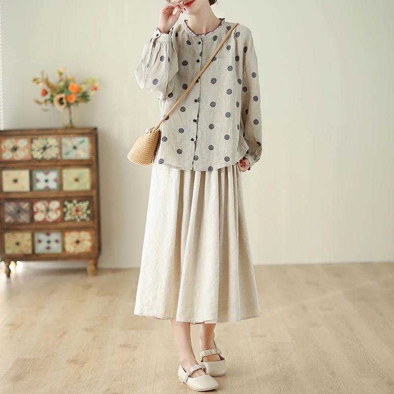 Kemeja Linen katun polkadot Vintage musim panas musim semi blus Retro longgar kasual lengan panjang wanita atasan