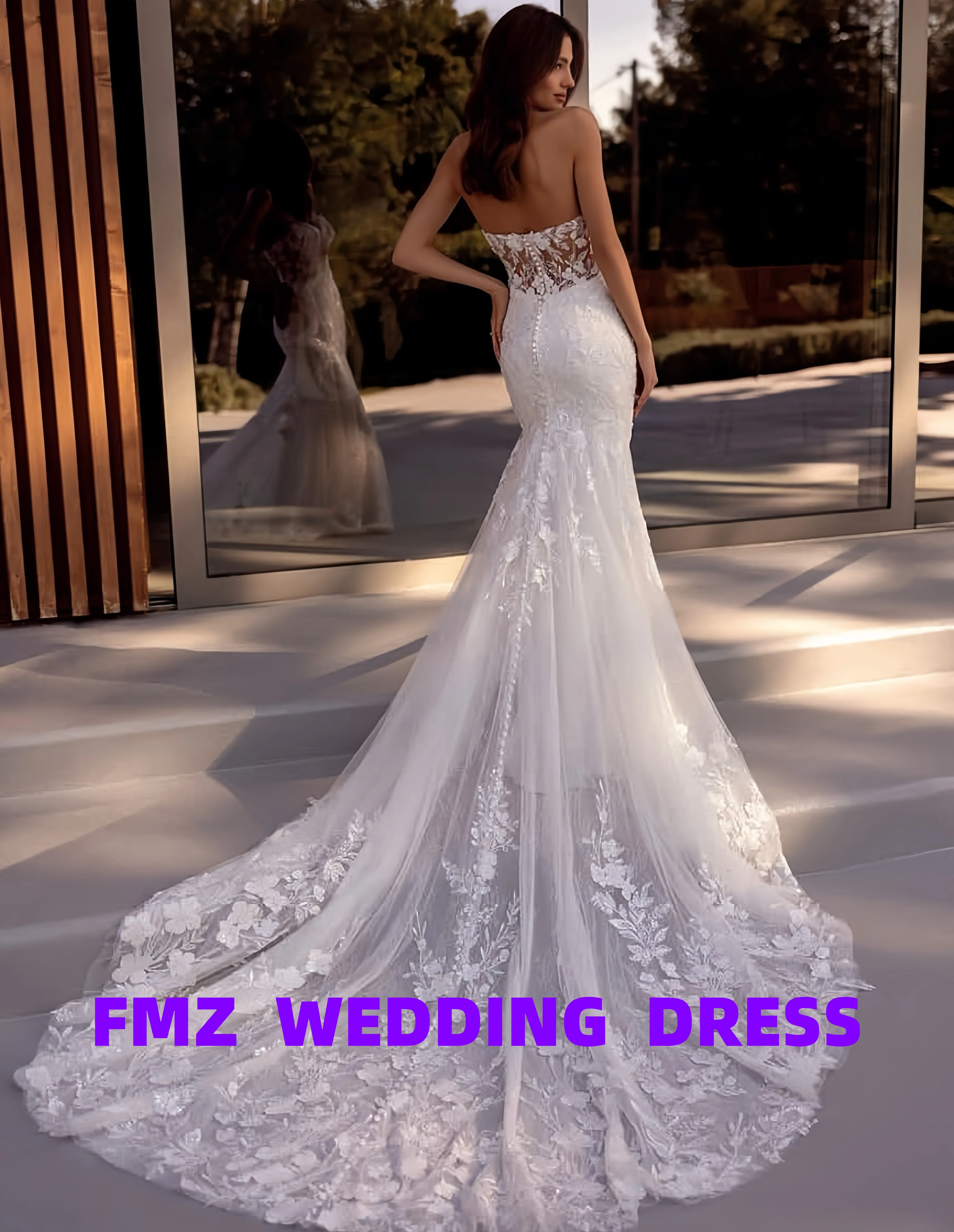 فستان زفاف مخصص برقبة على شكل حرف v بدون أكمام حورية البحر دانتيل أماندا نوفيا فيستدوس دي نوفيا أماندا