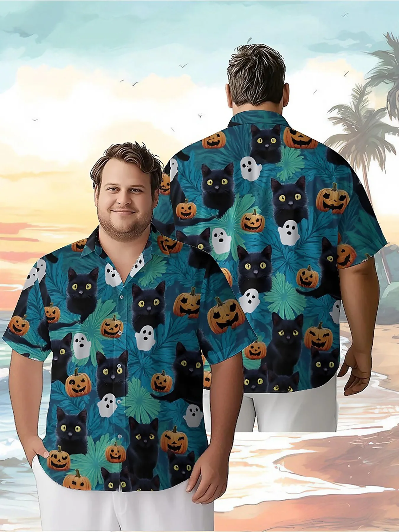 Men's Plus Size Hawaiian Shirts Halloween Black Cat Pumpkin Ghost Theme Pattern,Premium Comfort Youth Clothes,Y2K Tops