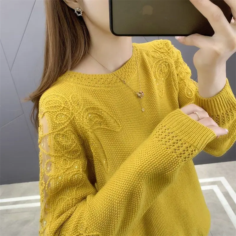 Fashion O-Neck Embroidery Sequined Hollow Out Sweaters Women Clothing 2023 Winter New Oversized Casual Pullovers Commuter Tops
