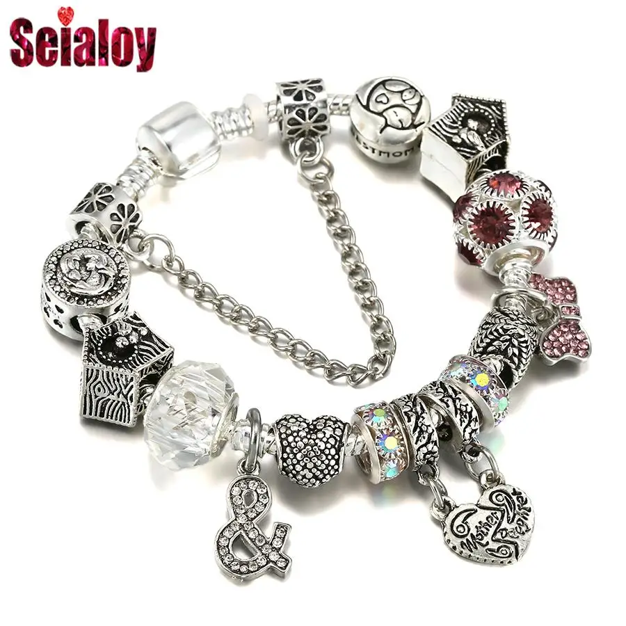 Seialoy Silver Color Mother Daughter Love House Bead Heart Charm Bracelets For Women Original Bow Pendant Bracelet Gifts