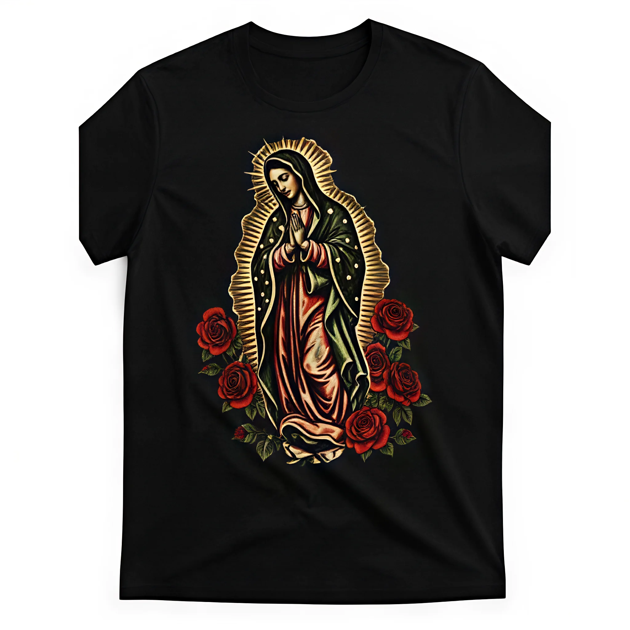 Cotton Golf Gift T-Shirt For Men and Women Men Sports Style T Shirt With Guadalupe Mary Graphic And Red Roses Moisture Wicking Breathable Fabric For Athleisure Casual Wear Durable Fitness Apparel