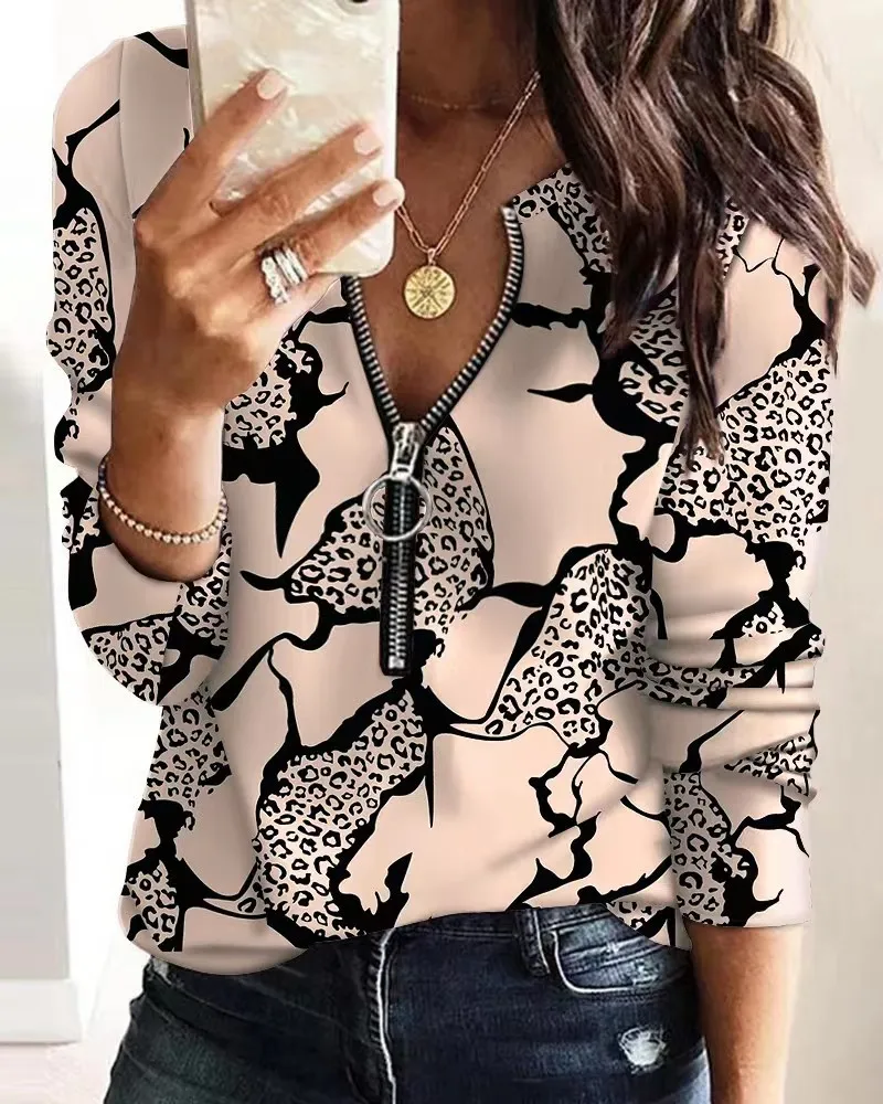 Women's Blouse  Fashion Digital Printing Zipper Long-sleeved Casual Shirt Work commutingFemale Fitting Tops S-XXXL