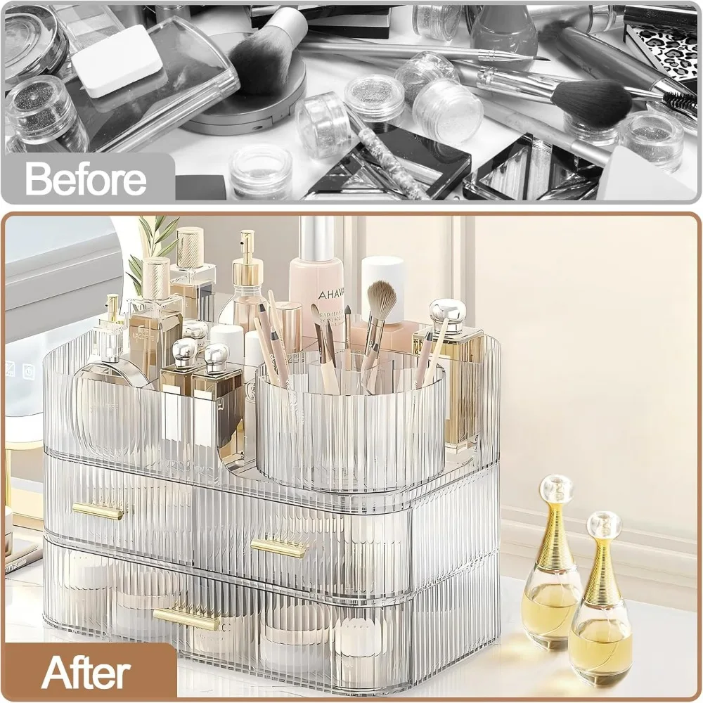 DASITON Makeup Organizer with Drawers and Rotating Makeup Brush Holder,Large Capacity Stackable Cosmetic Organizer Countertop,Ba