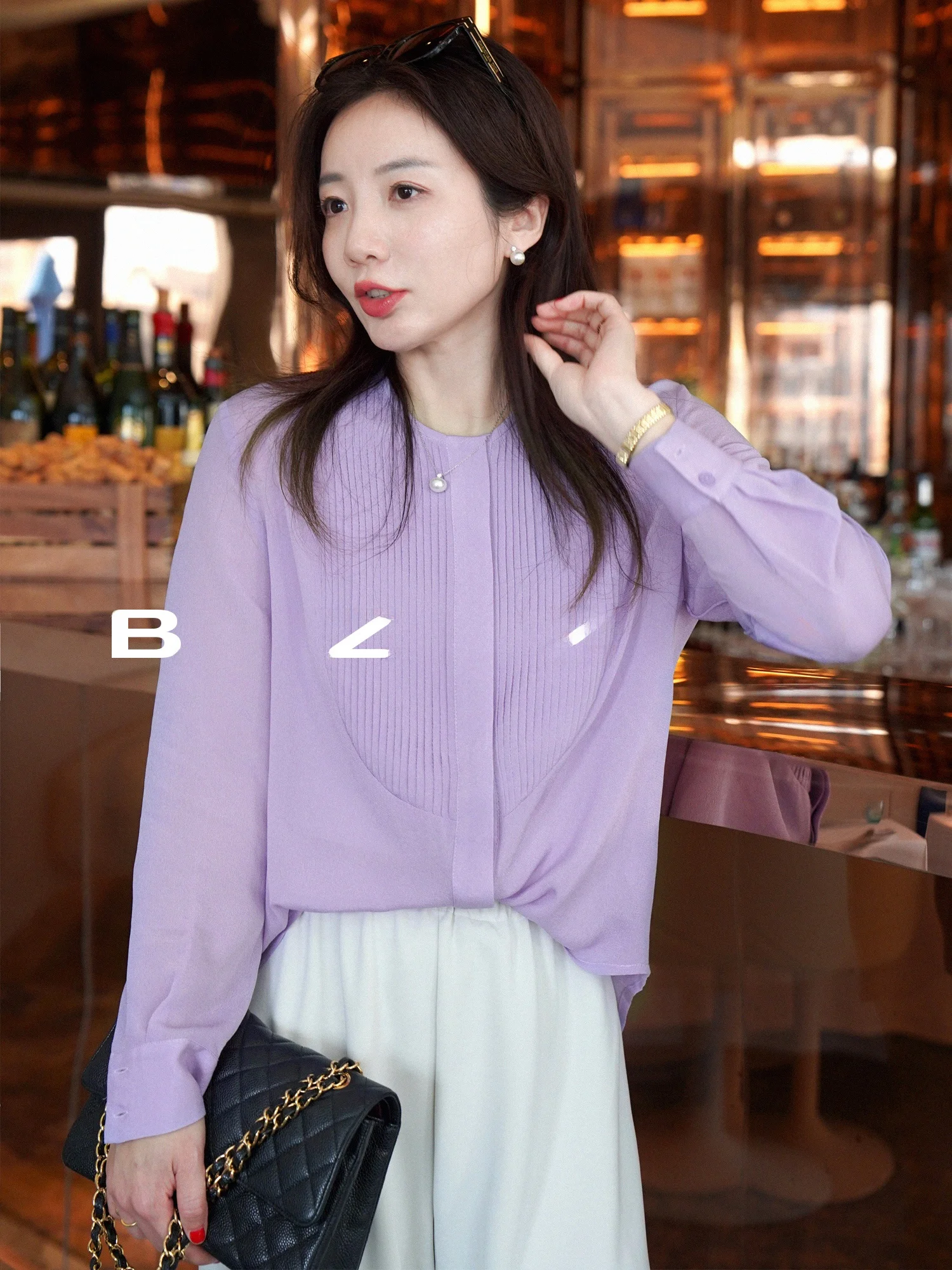 

BZZN Elegant Silk Shirt round Neck Accordion Pleat Workwear Gentle Kill Vintage Purple Vine Straight Tube Long Sleeve Women's...