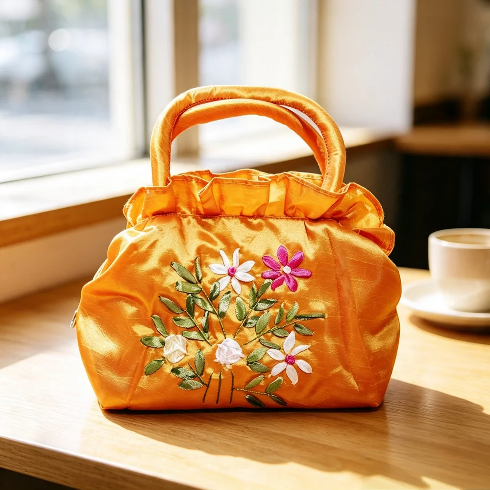 Orange Floral Ribbon‑Embroidery Carryall – Spacious & Lightweight for Work, Market & Weekend