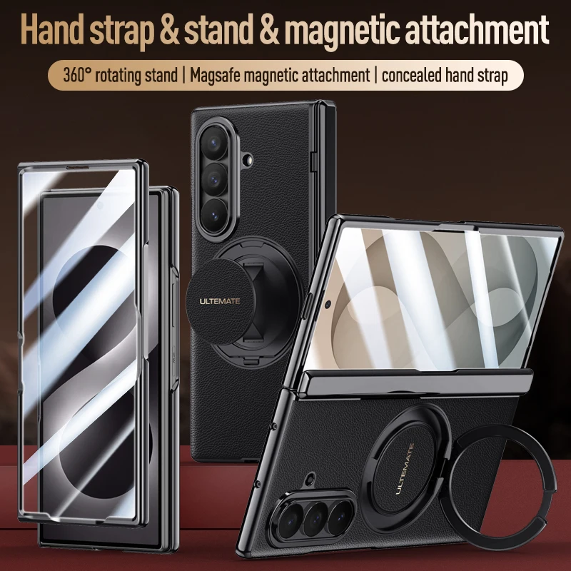 Case For Samsung Galaxy Z Fold 8 Ultra Luxury Magnetic 3 in 1 Hand Strap Rotation Ring Stand Cover With HD Privacy Glass Film