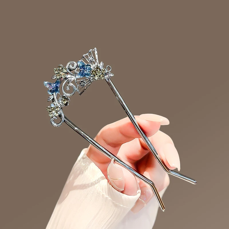 New Butterfly Fan U-shaped Hairpin for Women High-end Hair Clasp on the Back of the Head Modern Simple Bun Hair Sticks