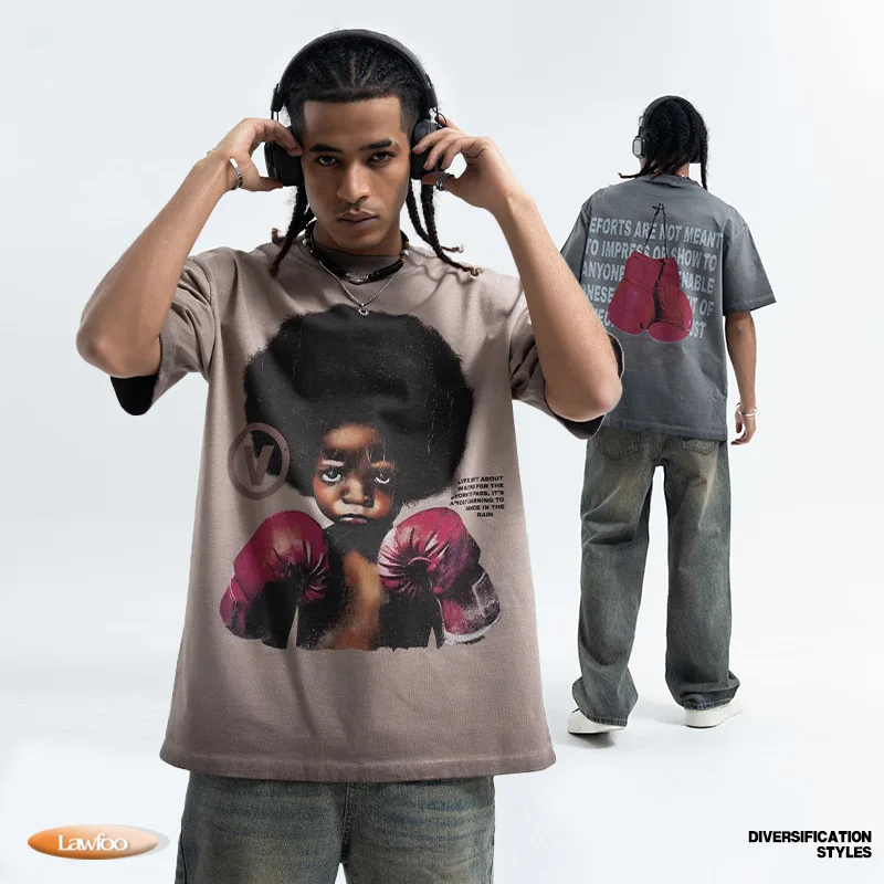 

Весенне-летняя футболка в американском стиле ретро с черным боксерским принтом и эффектом потертости, с короткими рукавами, мужские и женские топы