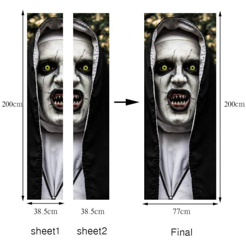 Creative Halloween Door Sticker Home Decor Creepy Nun Zombies 3D Vinyl Decal Modern Festival Door Wallpaper adesivo porta