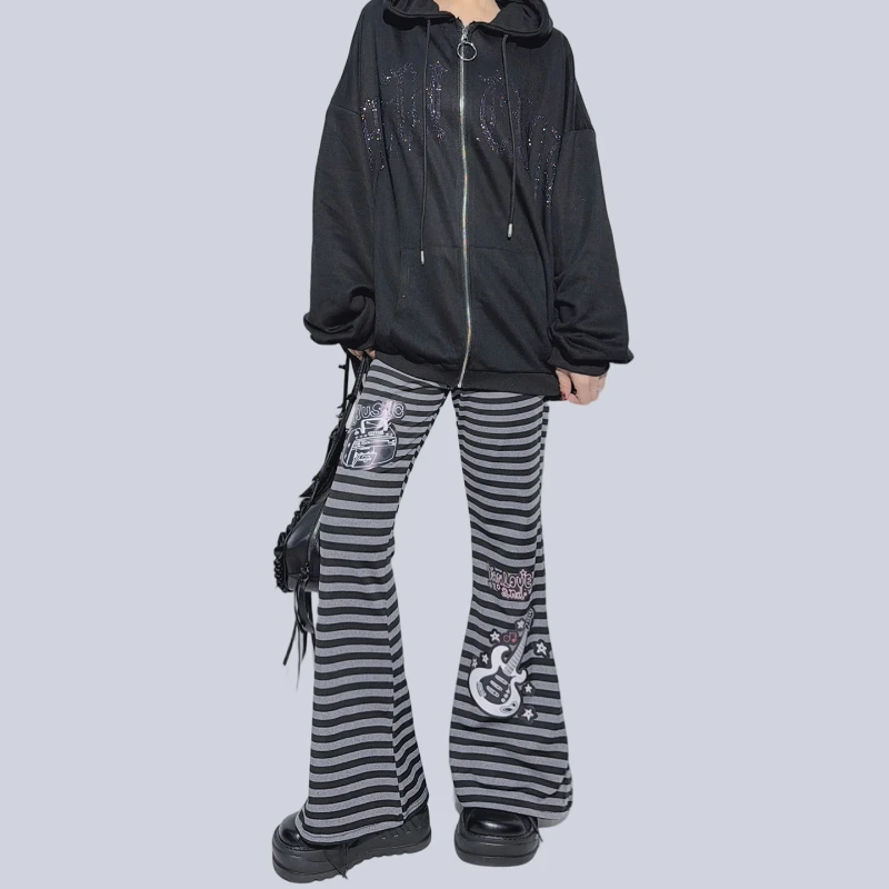 กางเกงขายาวทรงกระดิ่งเอวยางยืดลายทางสไตล์เรโทรสุดหวานเท่สำหรับผู้หญิง  คอลเลคชั่นฤดูใบไม้ร่วง-ฤดูหนาว  ช่วยพรางหุ่น