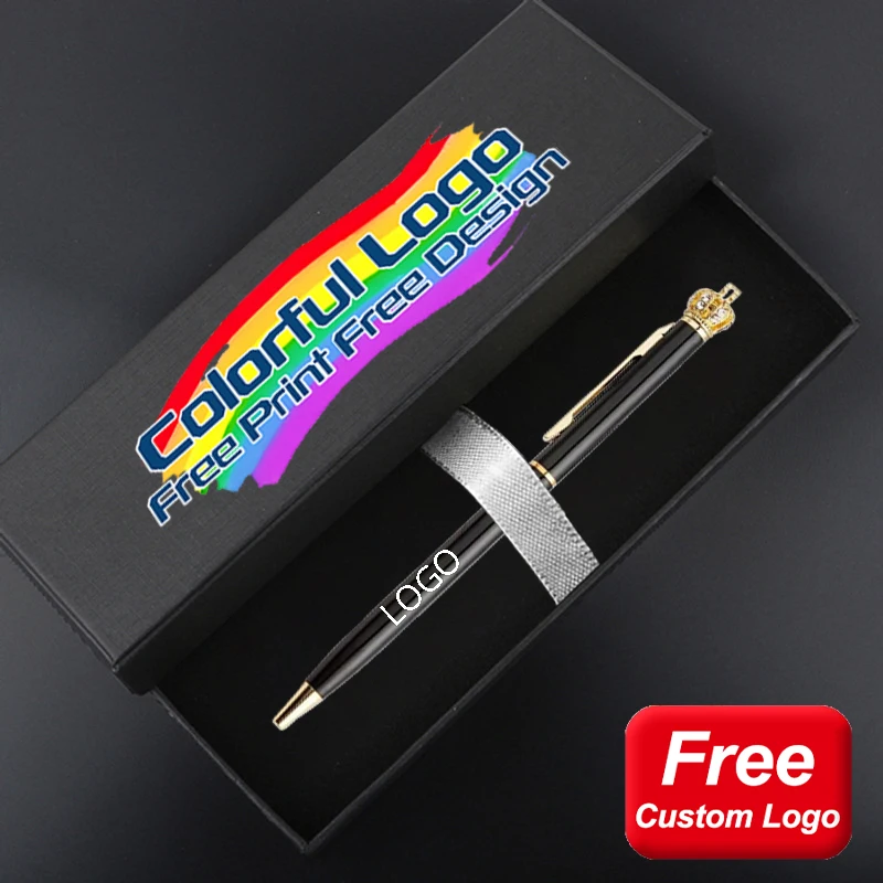 

Шариковая ручка с короной и бесплатной коробкой для печати логотипа, канцелярские принадлежности, подарок, гравировка текста, металлическая ручка, школьные и офисные письменные принадлежности на заказ