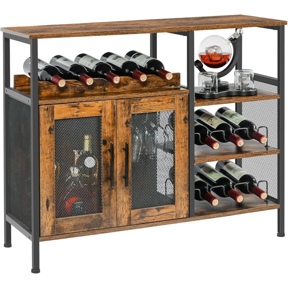 

Wine Bar Rack Cabinet, Coffee Bar Cabinet with Glass Holder, Small Sideboard and Buffet Cabinet with Mesh Door, Rustic Brown