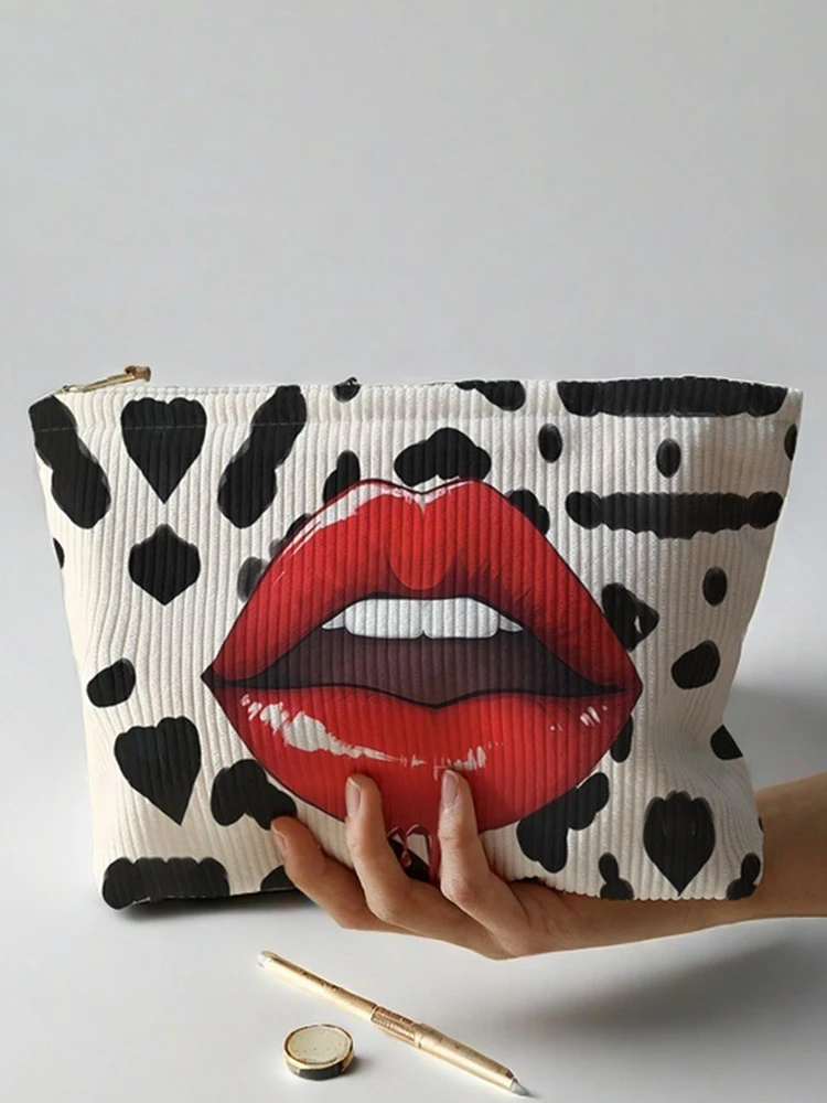 1pc，Sexy lip pattern printed corduroy zipper makeup bag, lightweight and multifunctional cosmetic storage bag