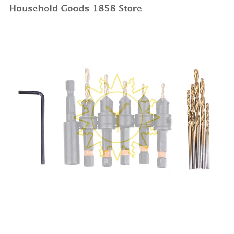 

Набор из 12 шестигранных зенкеров с титановым покрытием, со сменными насадками, магнитным держателем и L-образным ключом. Совместимость с электродрелью для быстрого использования