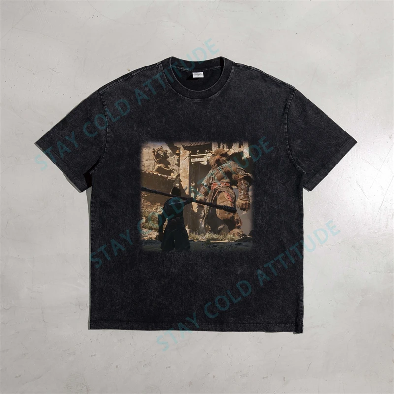 Black Myth WuKong Shirts Casual Fashion Men Chothing DTG Print High Quality US Size 100% Cotton Washed T-Shirts