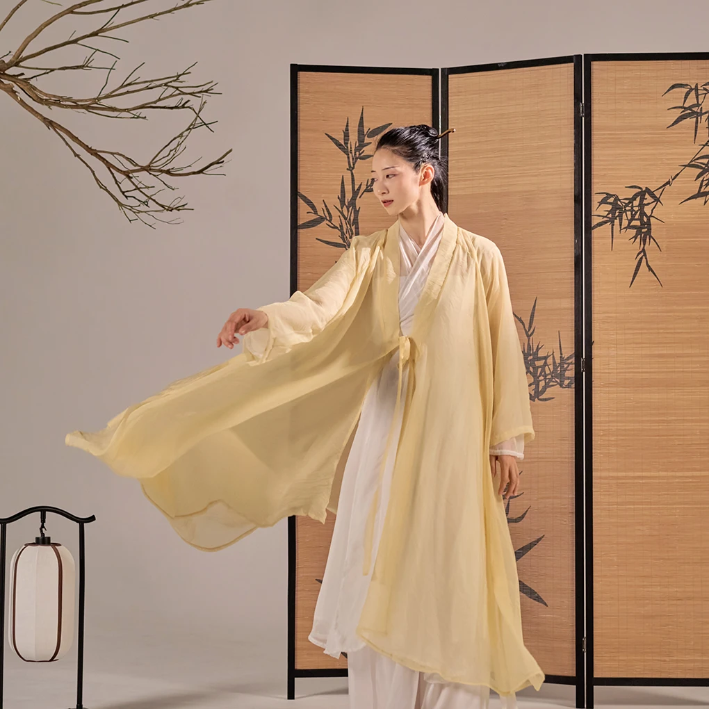 

Новое поступление, шифоновый длинный открытый кардиган све, легкий драпированный желтый костюм для классического танца, традиционный китайский костюм...