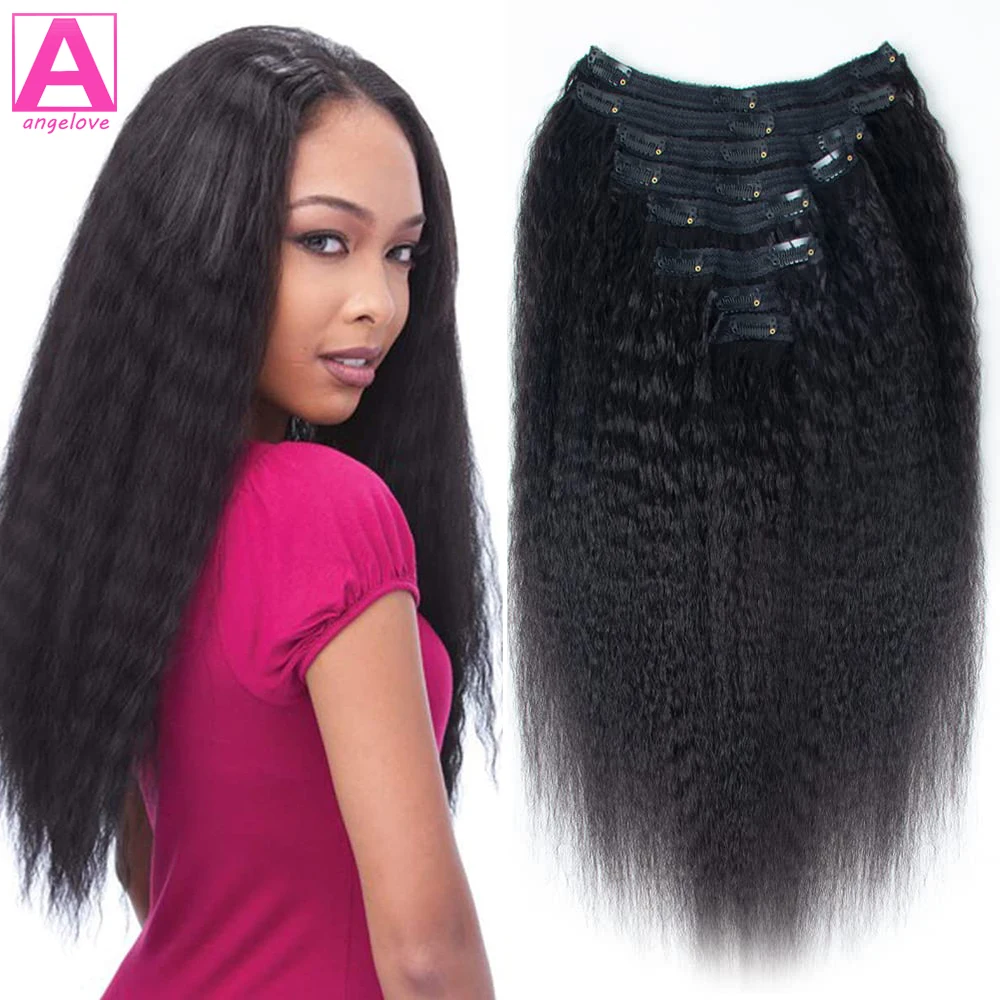 

Kinky Straight Clip in Human Hair Extensions 8pcs Per Set with 18Clips Brazilian Virgin Human Hair Natural Black Color For Women