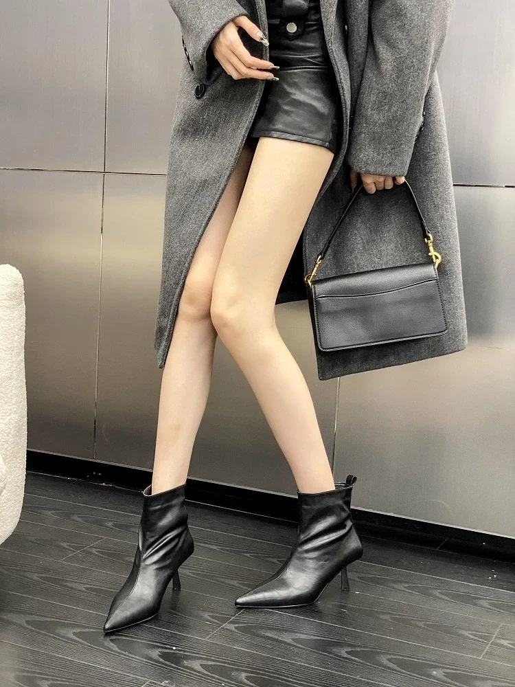 Eilyken Neue Mode Stiefeletten Frauen Spitz Dünne Kurze Damen Booties Hochzeit Kleid Schuhe Herbst Winter Zapatos Mujer – Detail 10
