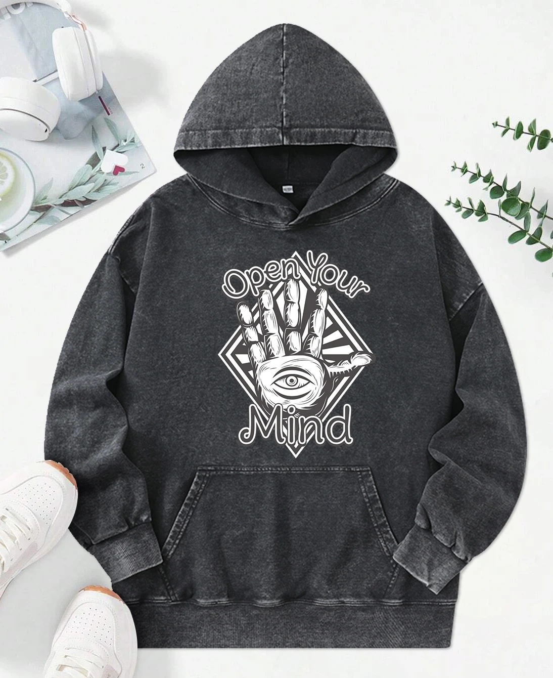 Open Your Mind Hand Print Women Snow Wash Hoodies Fashion Oversize Hoody Casual Pocket Sportswears All-Match Cotton Clothing