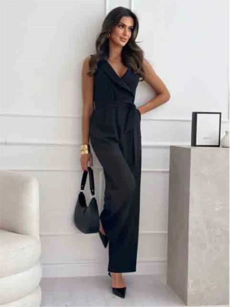 Summer Pockets Deep V-neck Sashes Solid Color Wide Leg Jumpsuits Female Fashion Office Lady Jumpsuit  Elegant For Women Clothes