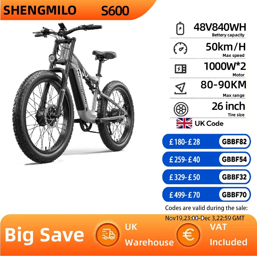 Shengmilo S600 Elektrofahrrad für Erwachsene, 1000 W x 2, E-Mountain-E-Bike für Herren, 48 V, 840 Wh, Batterie, E-Bike, 26 Zoll Fat Tire Elektrofahrrad