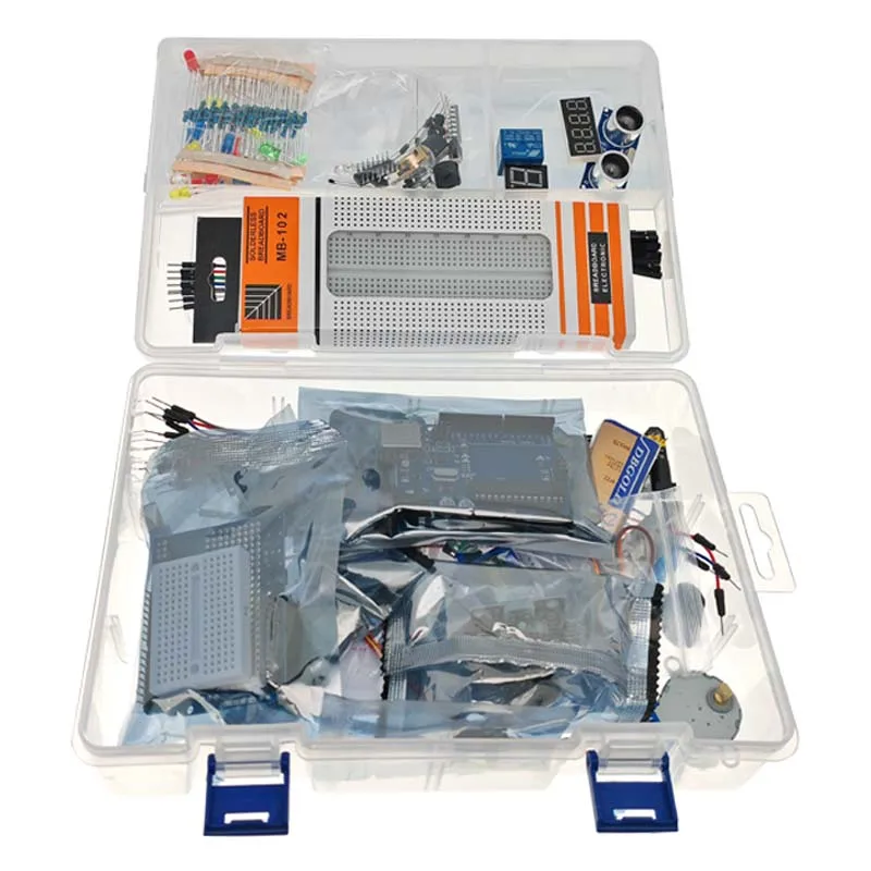 مجموعة تعليمية كاملة لمشاريع Arduino R3 / Arduino IDE STEM مع لوحة تطوير مجموعة أدوات إلكترونية كابل مؤازر