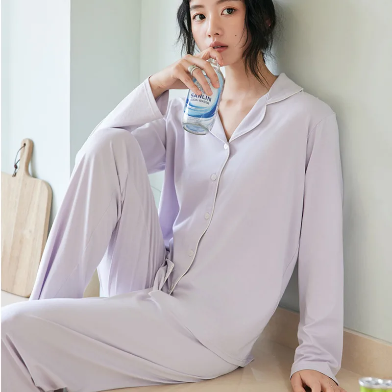 Spring Summer Women Pajamas Set, 4% Silk Turn-down Collar Loose Long Sleeve Top Elastic Waist Pants Causal Homewear