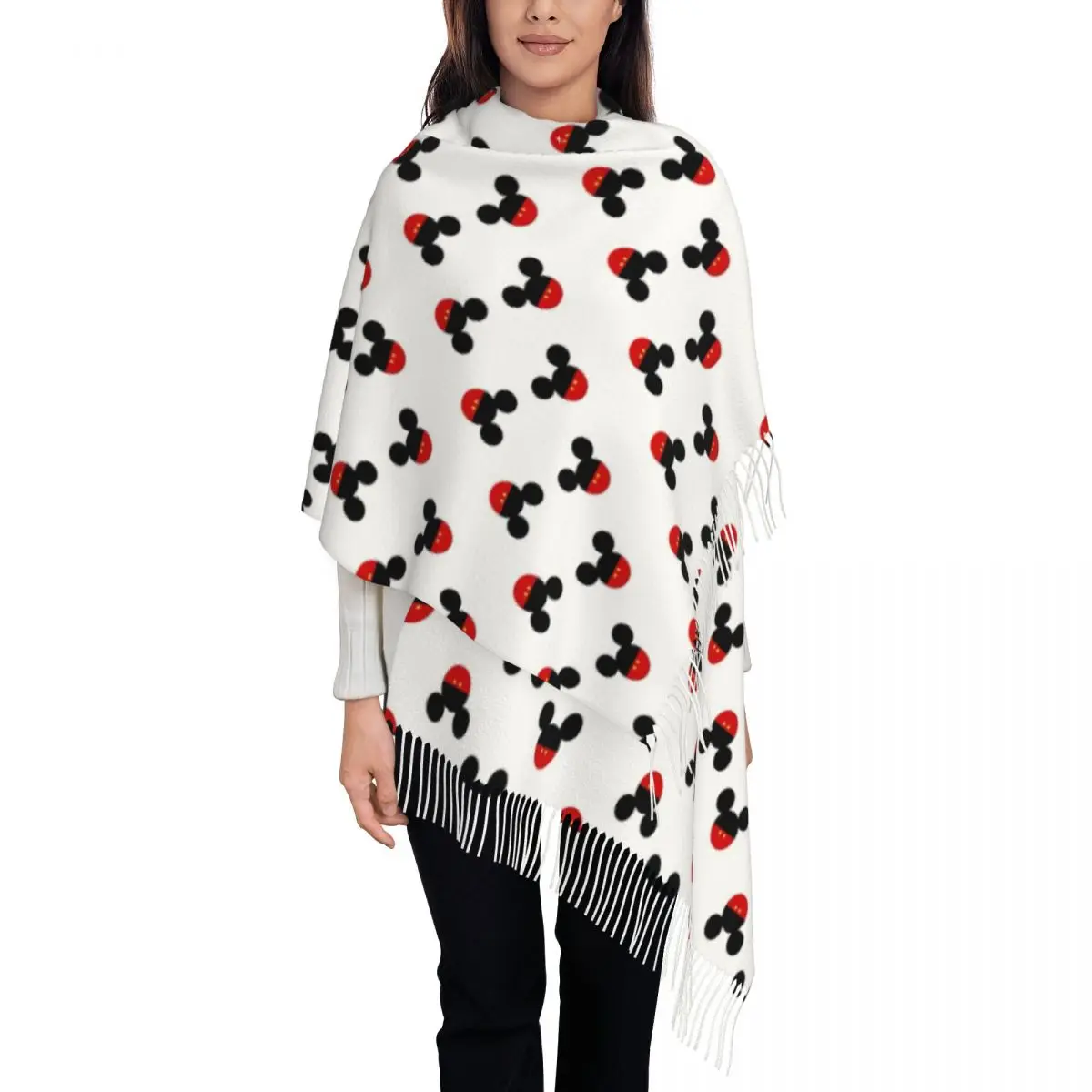 

Custom Mickey Mouse Anime Cartoon Tassel Scarf Women Soft Shawl Wrap Female Winter Fall Scarves