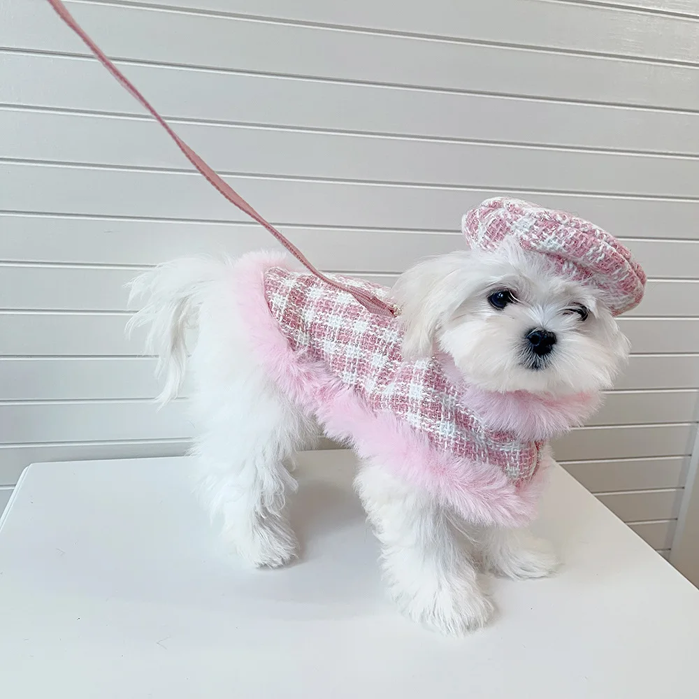 Ins Pet Plaid Woolen Dogs Coat Cloak Pet Supplies  Princess Dog Clothes  Dog Harnesses With Rope For Small Dog