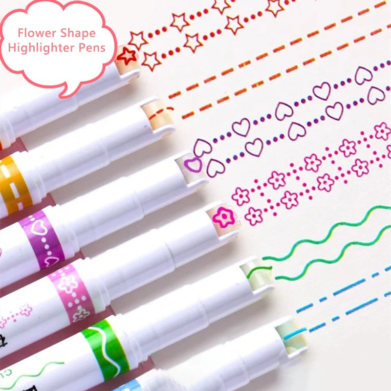 6 Pc/Set Flower Shape Outline Wavy Line Highlighter Pens Dual-Side Writing Markers Pens for Kids Students Journal Doodling