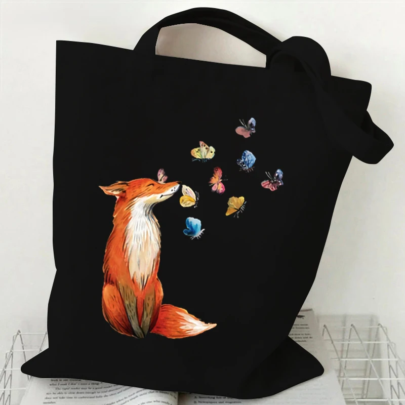 Sakura Fox Print Handbags Women Butterfly Wild Flower Shopper Shopping Bag Anime Animal Fox Reusable Fashion Trend Shoulder Bags