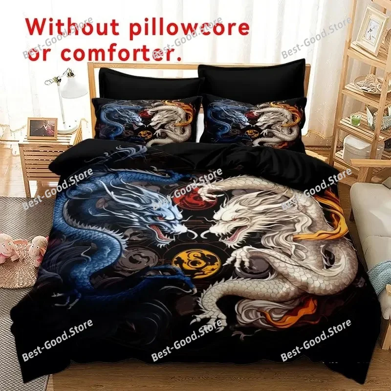 Red Black Dragon Printed Duvet Cover Sets Queen Chinese Dragon Pattern Bedding Set 3 Pieces Comforter Cover Sets Bedroom Decor