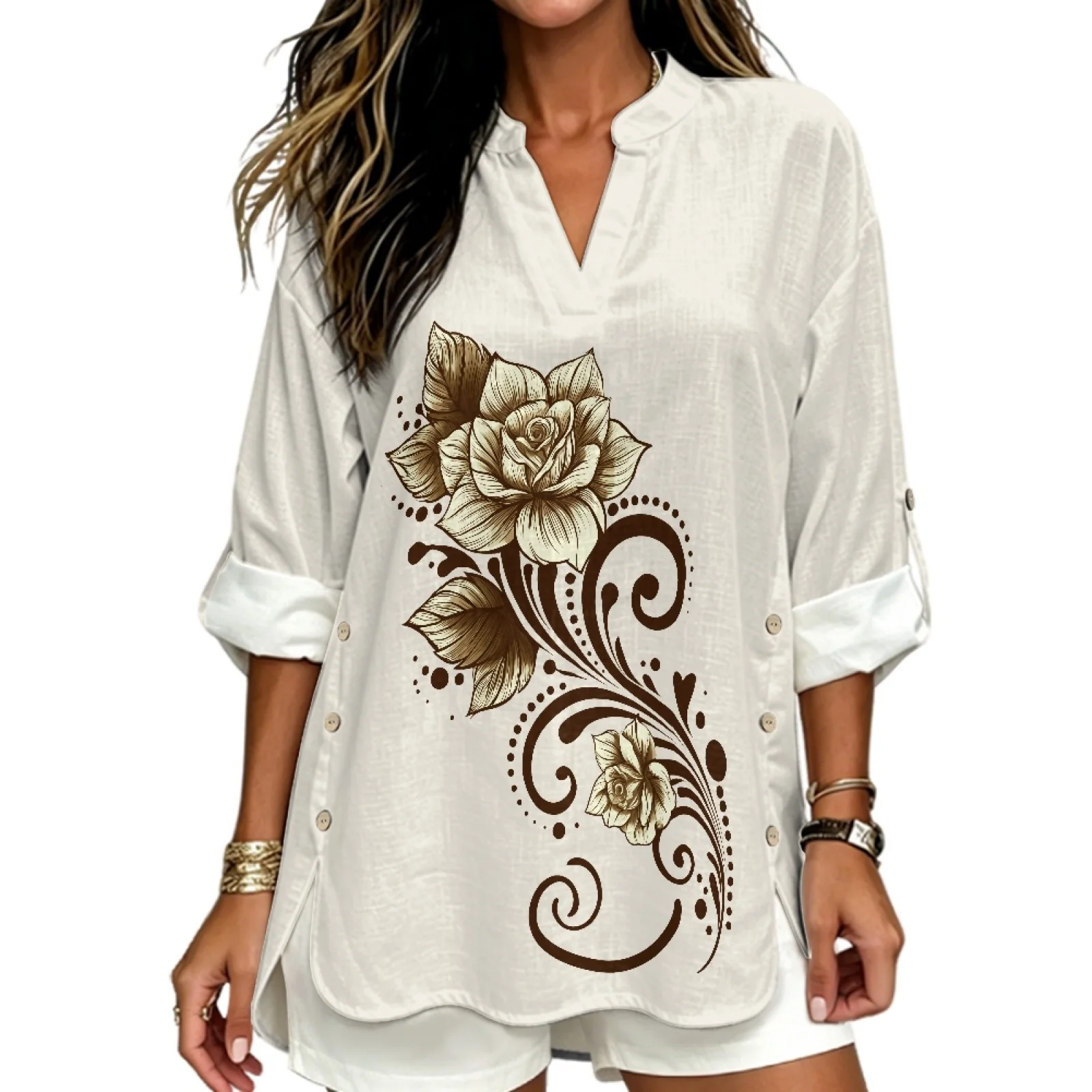 INSTANTARTS Roupas Feminina Women's Linen V-neck Shirt Flower Shirt for Women Blusas Elegantes De Mujer Tendencia 2026 S-3XL