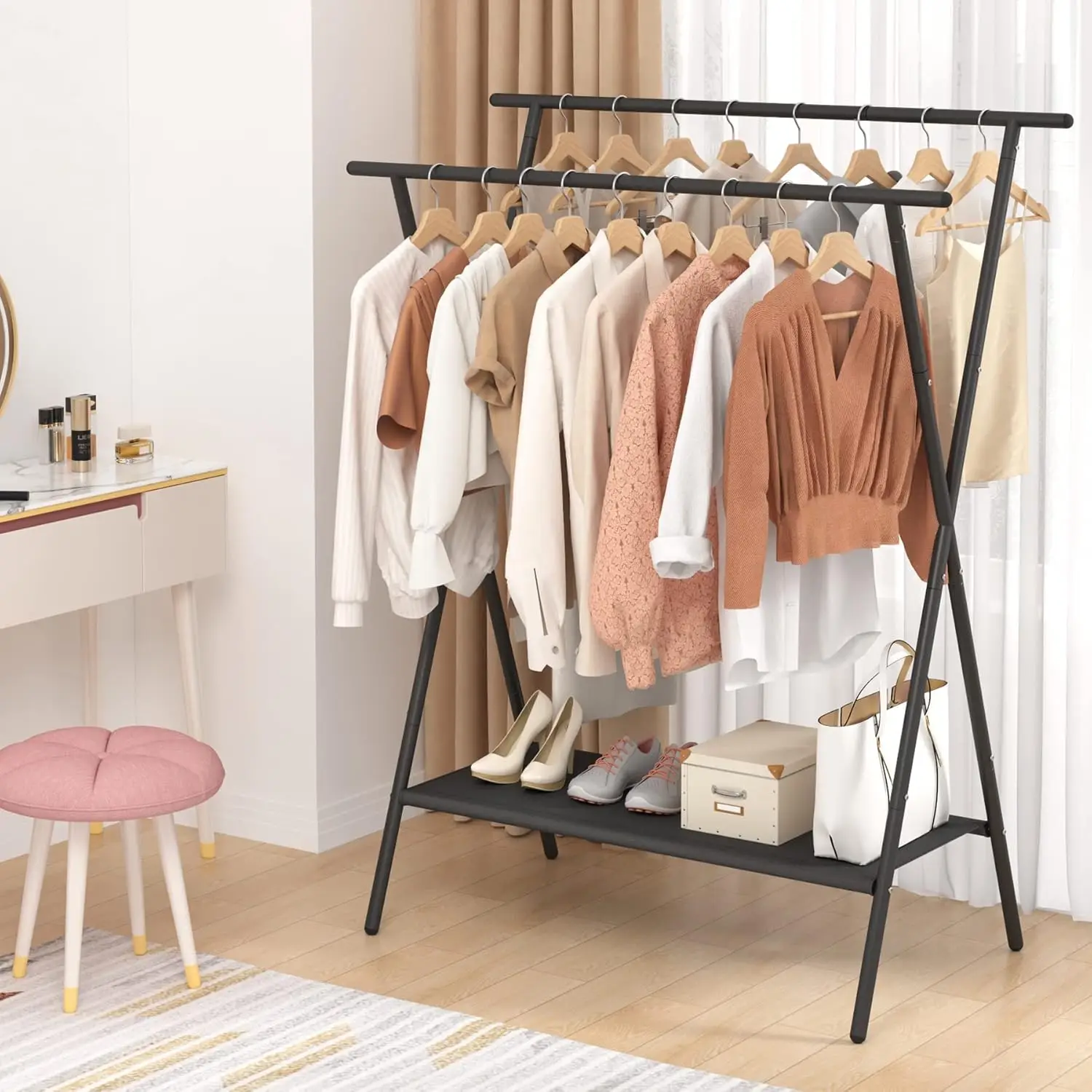Portable Double Rod Clothing Rack with Oxford Cloth Shelves Black Metal Garment Hanging Rack for Living Room Usepromote sales