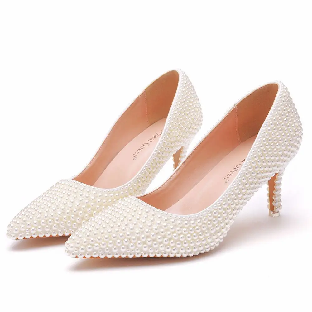 7cm beige pearl single shoe with thin heel, pointed toe, plus size for foreign trade wedding shoes